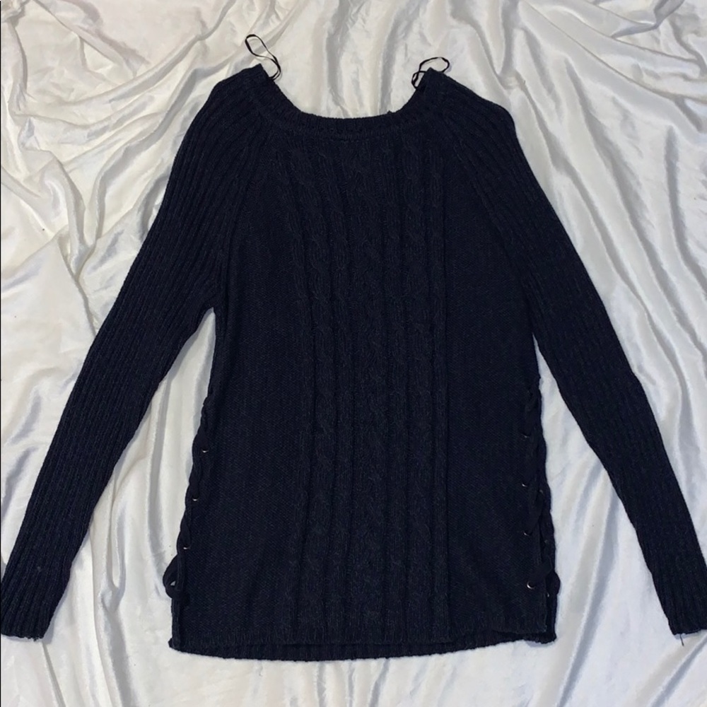 Navy blue sweater with ties up both sides